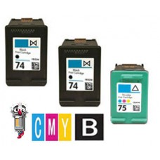 3 PACK Hewlett Packard HP74 / HP75 combo Ink Cartridges Remanufactured